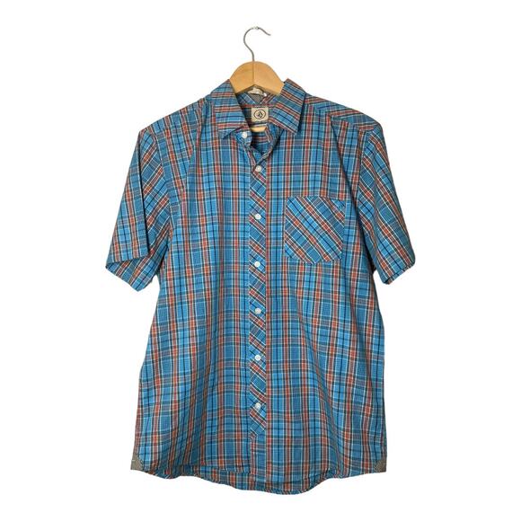 Volcom Mens Plaid Shirt Button Up Blue Orange Short Sleeve Classic Fit Medium - Picture 2 of 6